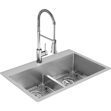Elkay 18 Gauge SS 33" x 22" x 9" 1-Hole Equal Double Bowl Dual Mount Sink Kit with Aqua Divide and Faucet ECTSRA33229TFC